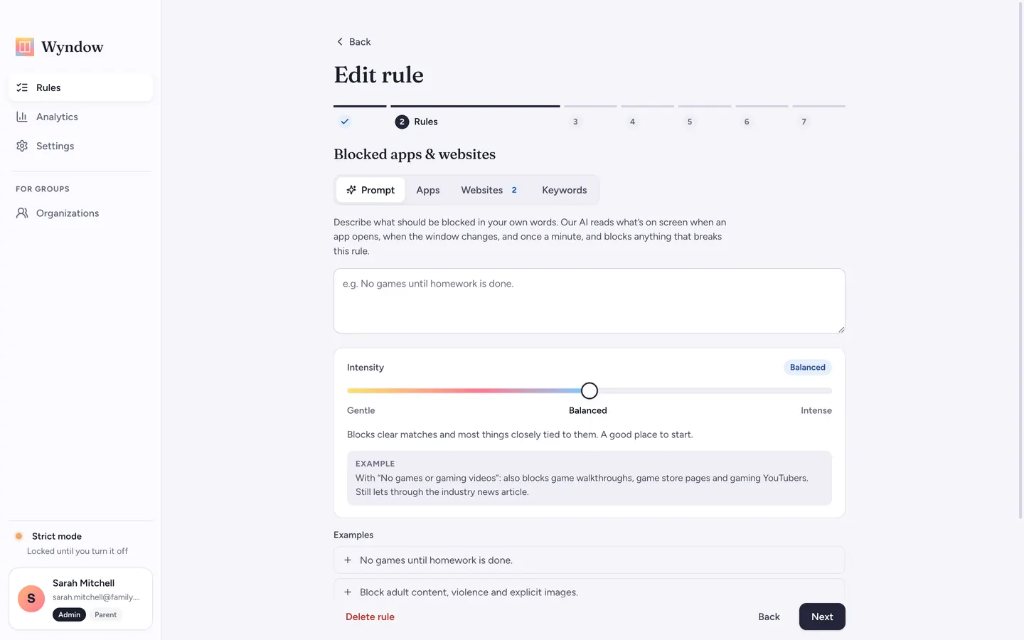 The rule editor with a plain-language prompt box and an intensity slider