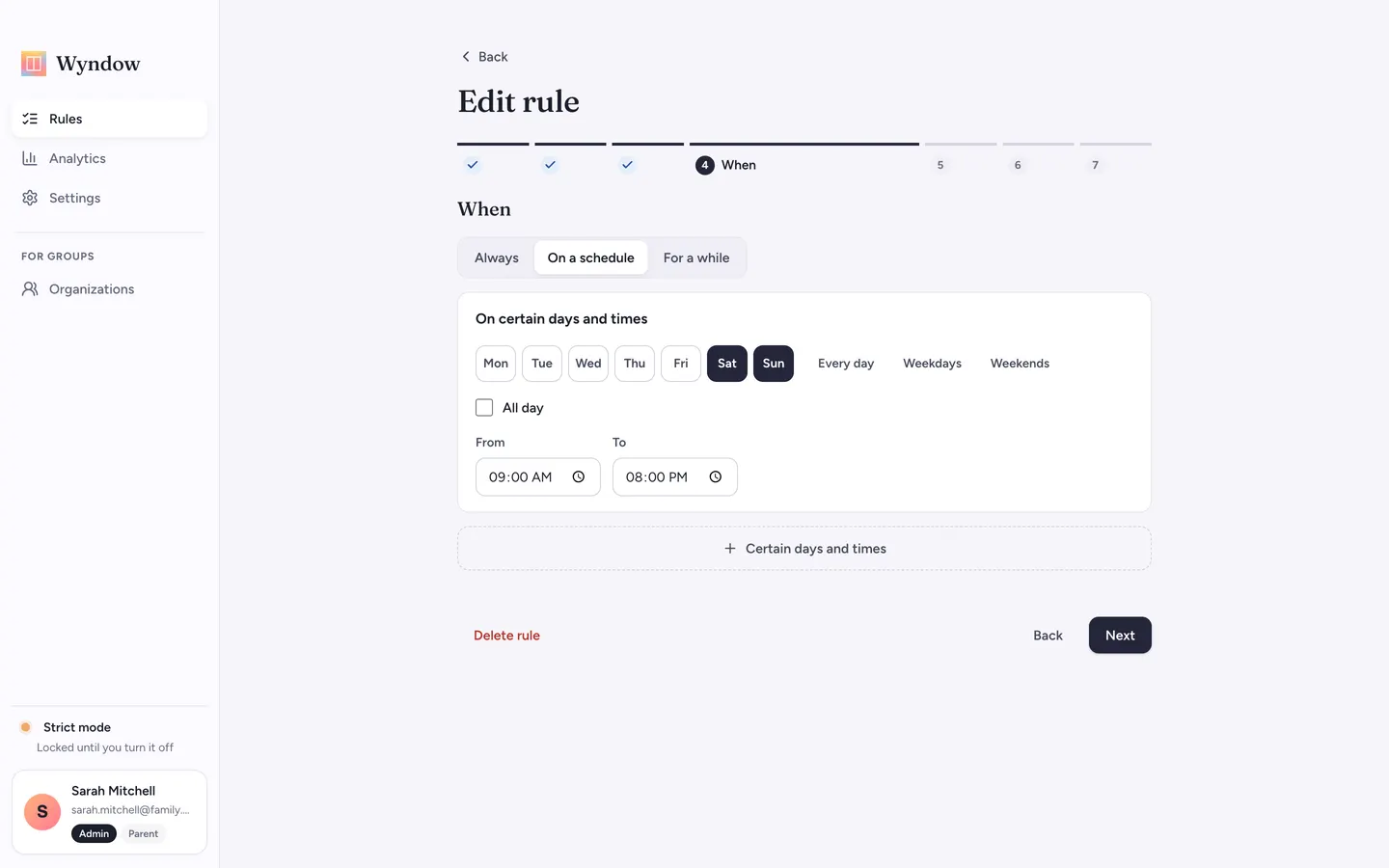 The rule editor's schedule step
